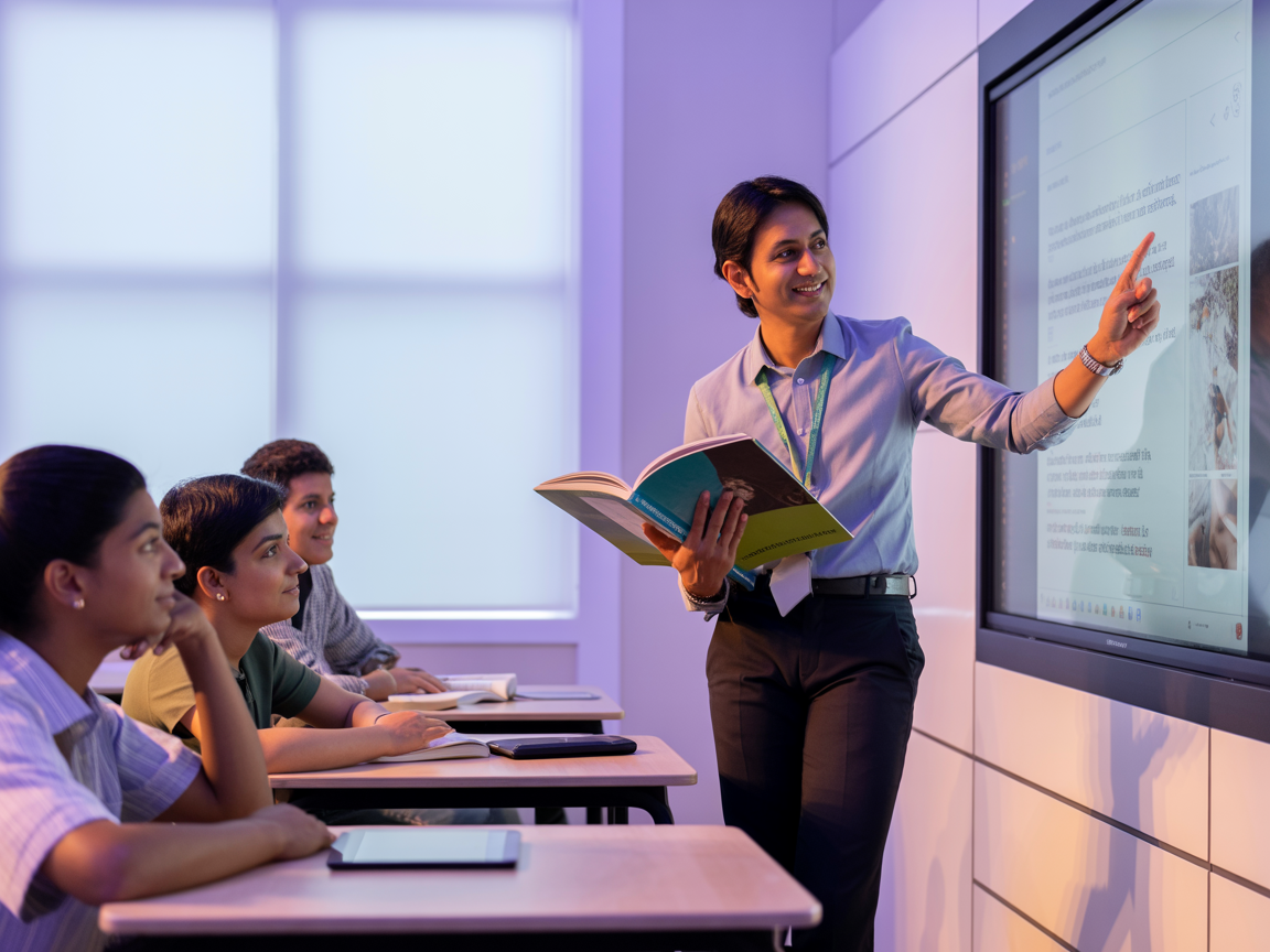 Teacher guiding students in classroom