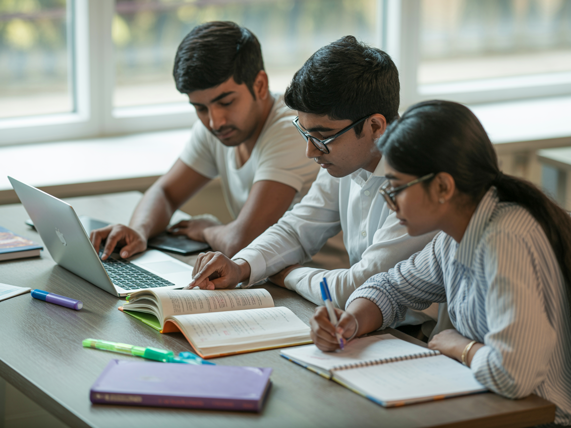 Students studying together with books and laptop