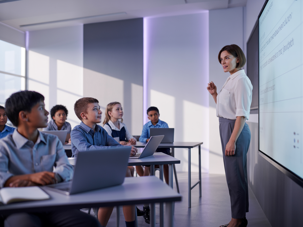 Teacher guiding students in a modern classroom